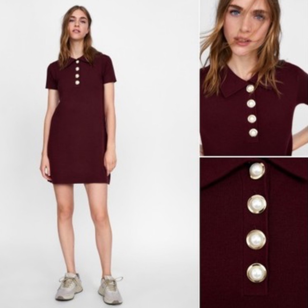Zara Polo Knit Dress - Size L - Burgundy